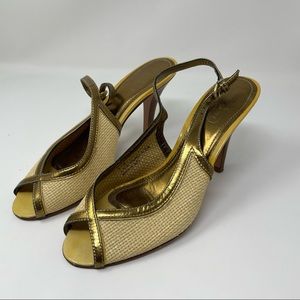 Coach Maddie Open Toe Slingback Pumps - Size 8.5 straw bronze leather made Italy